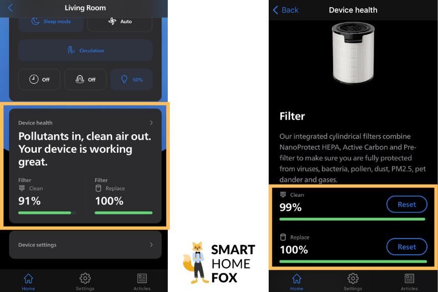 Die Filterlebensdauer vom Philips Air Performer Series 7000 (AMF765/10) wird in der Air+ App gezeigt, dort steht auch der aktuelle Zustand der Filtereinheit..